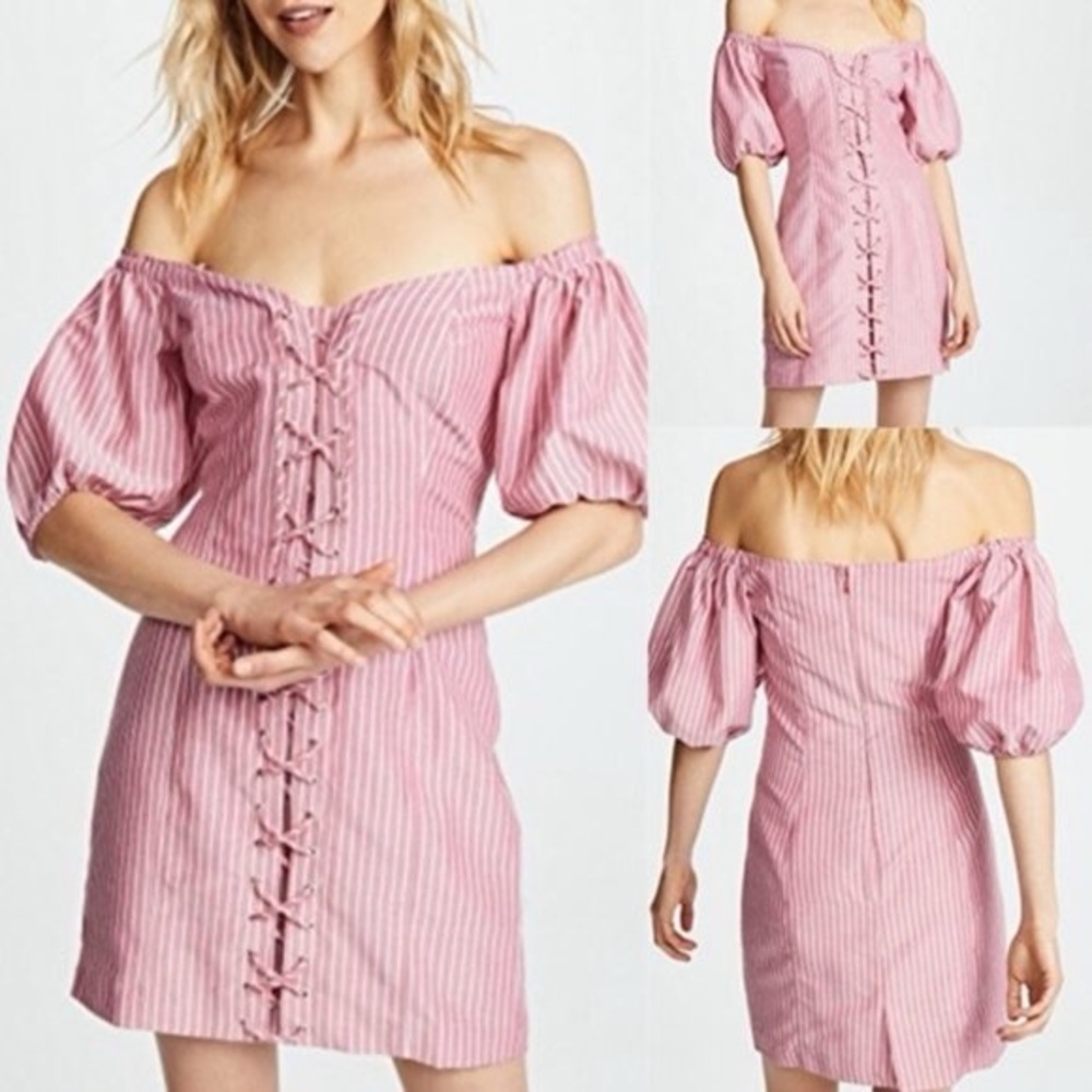 Wayf Pink white striped Ribbed Off-Shoulder Puff Sleeve Mini Dress with ribbon